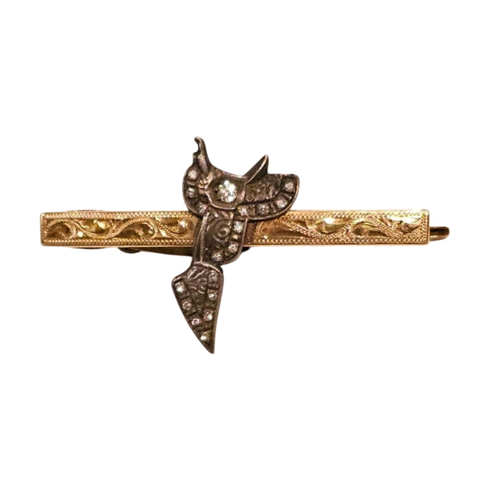 Antique Sterling Saddle Diamond 10k Gold Tie Clip Equestrian